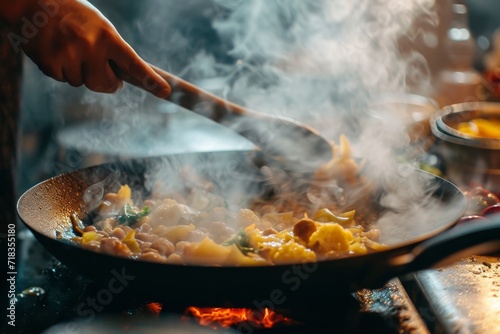 Amidst the crackling fire and aromatic scents of a bustling kitchen, a skilled chef expertly pan-fries a delectable dish in a sizzling wok, showcasing their mastery of cuisine and kitchenware