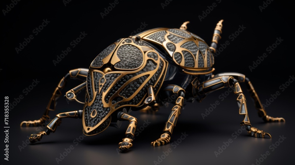  a gold and black bug sitting on top of a black surface with its legs spread out and its head turned to the side.