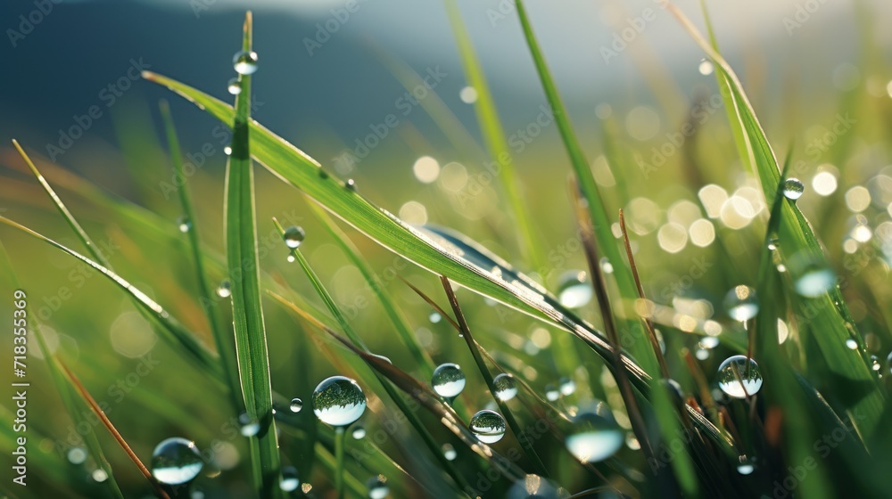 Fototapeta premium a close up of a grass with water droplets on the blades of the grass and a blue sky in the background.
