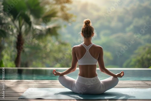 A serene woman finds inner peace amidst the natural elements, barefoot on her yoga mat under a tree, surrounded by the calming presence of water and the grounding energy of the earth