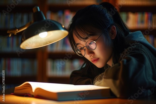 A woman's tranquil expression as she immerses herself in a world of knowledge, surrounded by shelves of books in a cozy indoor library
