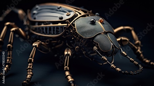  a close up of a metal insect on a black background with a black background and a black background with a black background.