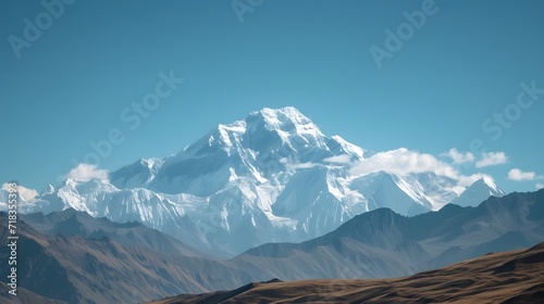 landscape with snow, majestic, snow-capped, mountain range, standing tall, clear blue sky, grandeur, awe, landscape, nature, scenery, majestic mountains, towering peaks, breathtaking view, panoramic, 