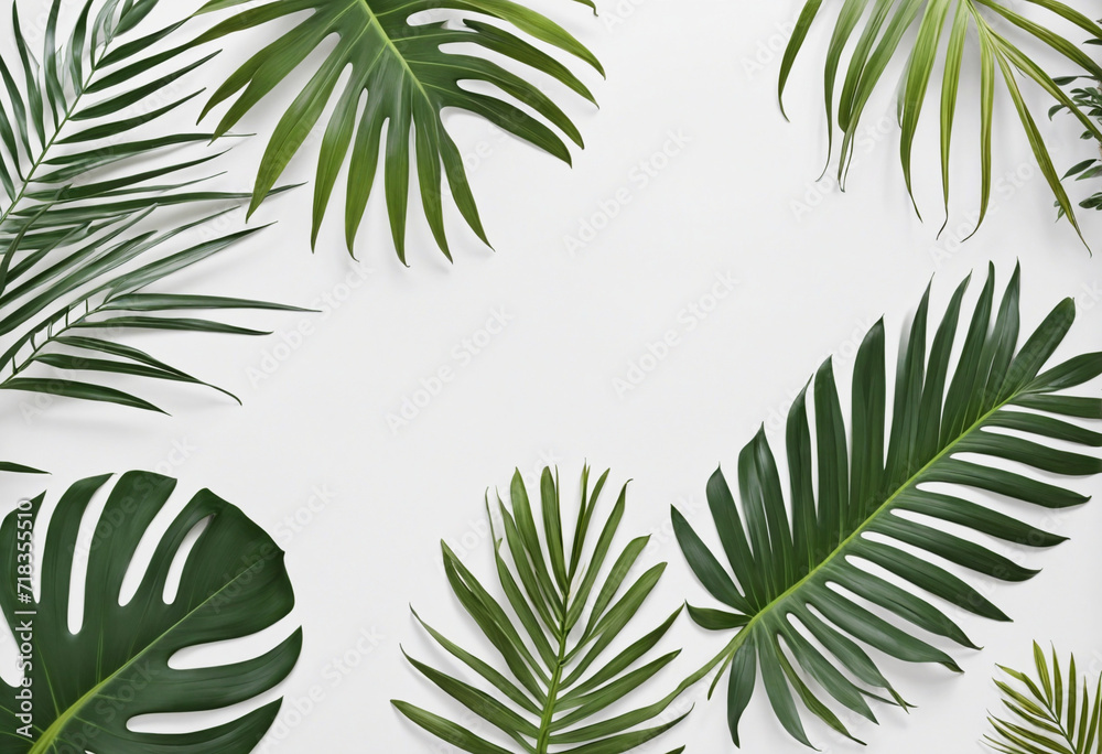 On a white backdrop, tropical palm leaves. Summer theme. Copy space, flat lay, and top view. 