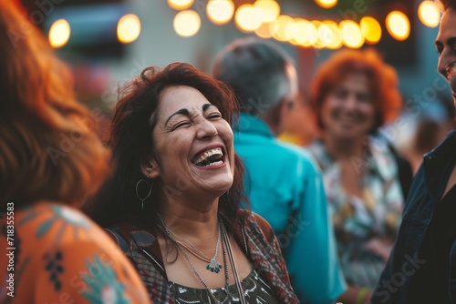 A joyous woman basks in the warm sunlight, her contagious laughter bringing a group of diverse people together in pure bliss