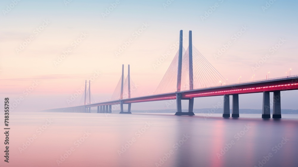 Obraz premium a long bridge over a body of water with a red light at the end of the bridge and a red light at the end of the bridge.