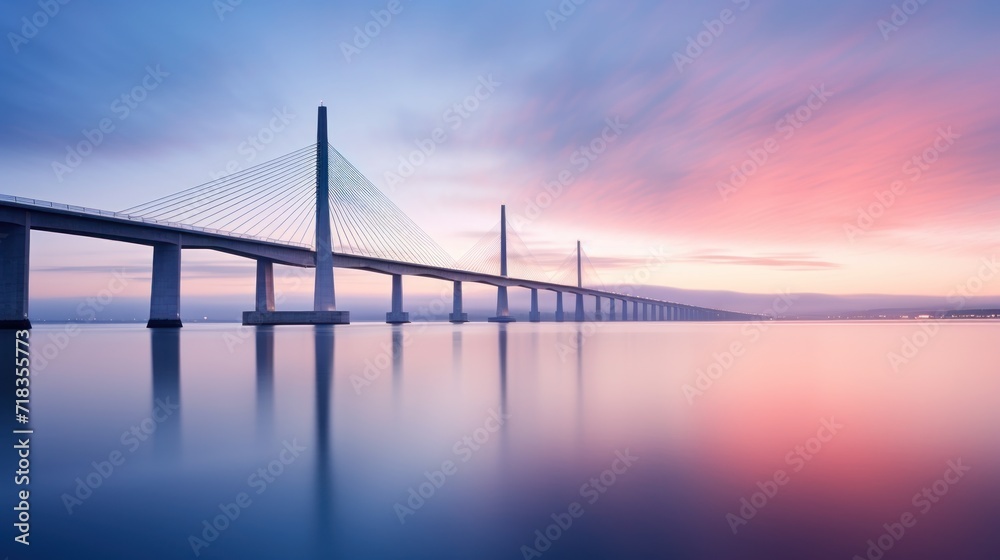  a long bridge over a body of water with a sunset in the background and a few clouds in the sky. - obrazy, fototapety, plakaty 