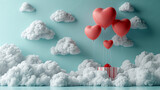 Paper art style of red heart-shaped balloons carrying gift boxes among clouds, depicting Valentine's Day celebration. AI generative