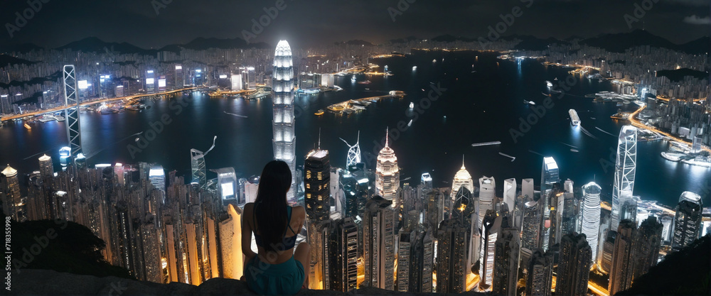 Cityscape at Night, Hong Kong-Inspired Setting, Female Tourist. Handcrafted Artificial Intelligence Editing.