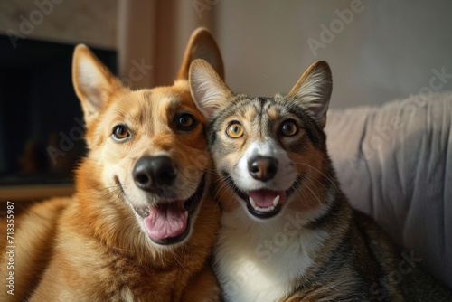 Two canines lounging comfortably on a sofa, their snouts pointed inquisitively towards the camera, showcasing their unique dog breed and warm brown fur as they embody the perfect indoor pets
