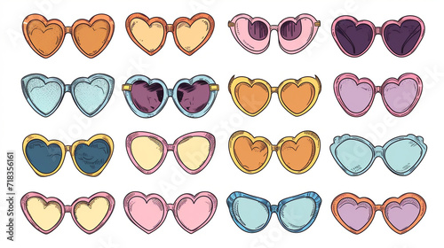Groovy heart-shaped sunglasses in various 60s styles, 1960s retro set, white background, Valentine's Day, doodle, drawings