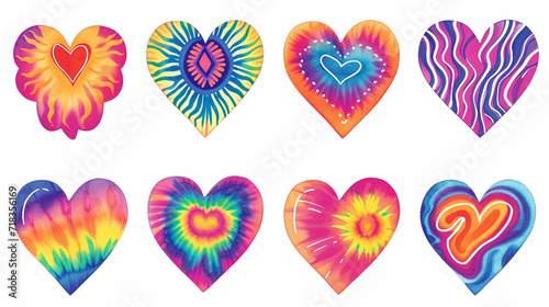 A set of hearts with classic 60s tie-dye patterns, 1960s retro set, white background, Valentine's Day, doodle, drawings photo