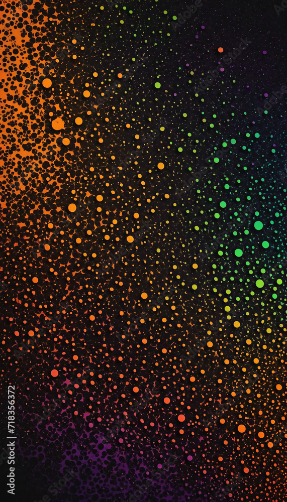 Abstract textured color gradient background with vibrant hues, grainy texture, and blurred spots in orange, purple, and green on a black base.