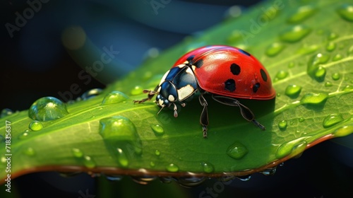  a ladybug sitting on top of a green leaf with drops of water on it's back legs.