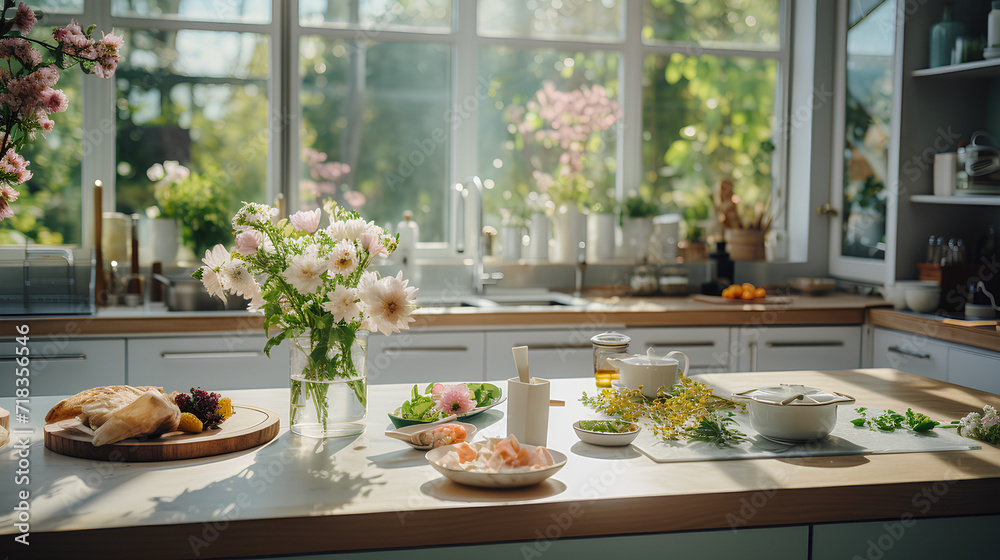 A woman cooking breakfast in a beautiful bright kitchen
A woman cooking breakfast in a beautiful bright kitchen