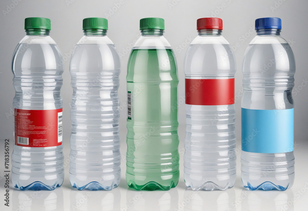 Natural spring water and mineral bottles filled with clear liquid. Healthy hydration options in a variety of colors. Natural spring water and mineral bottles filled with clear liquid. Healthy hydration options in a variety of colors.