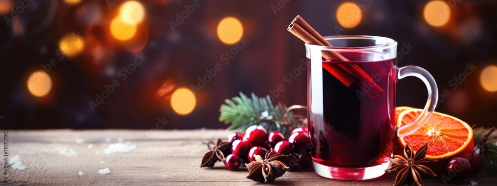 Aromatic Mulled Wine Served in a Clear Glass Mug With Spices and Citrus on a Rustic Wooden Table Aromatic Mulled Wine Served in a Clear Glass Mug With Spices and Citrus on a Rustic Wooden Table