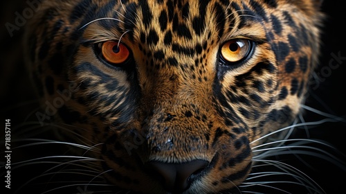  a close - up of a leopard s face with orange eyes and a long whiskered tail.