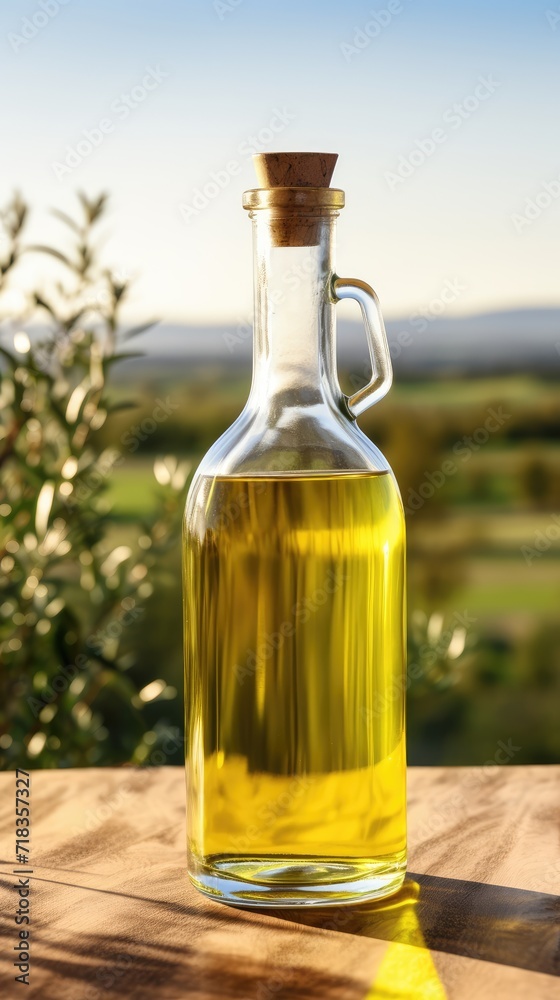 Glass Bottle of Golden Oil on a Wooden Surface in Soft Natural Light Glass Bottle of Golden Oil on a Wooden Surface in Soft Natural Light