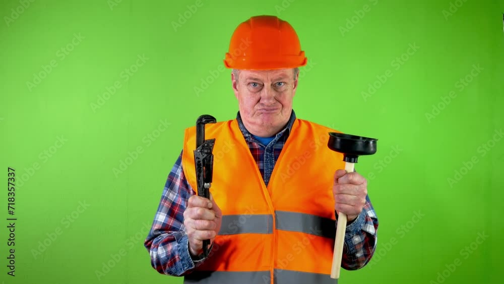 Old plumber with adjustable wrench and toilet plunger, boast his job. Old plumber with adjustable wrench and toilet plunger, boast his job.