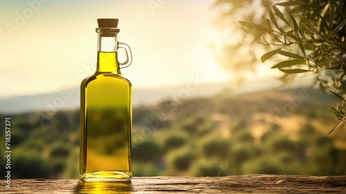 Glass Bottle of Golden Oil on a Wooden Surface in Soft Natural Light