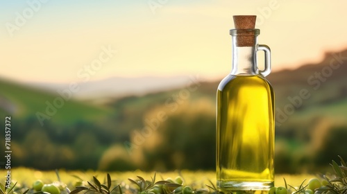 Golden Hour Glow on a Pristine Bottle of Olive Oil Amidst a Lush Orchard