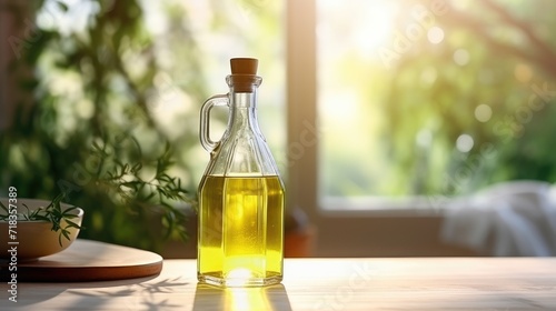Sunlit Kitchen Interior Featuring a Bottle of Olive Oil and Fresh Olives on a Wooden Counter