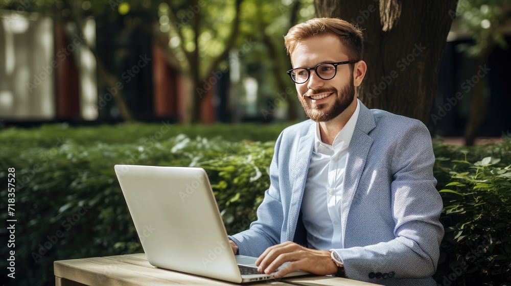 Smiling Young Businessman Working on Laptop at a Cozy Outdoor Café in the Afternoon Smiling Young Businessman Working on Laptop at a Cozy Outdoor Café in the Afternoon