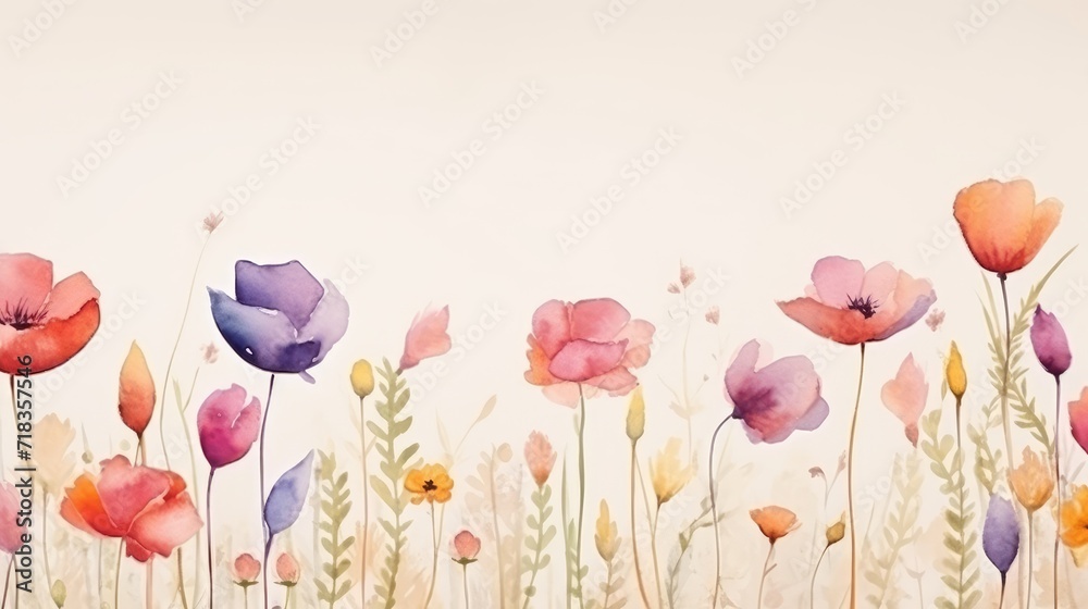 Serene Watercolor Display of Pastel Wildflowers Ushering in the Spring Season