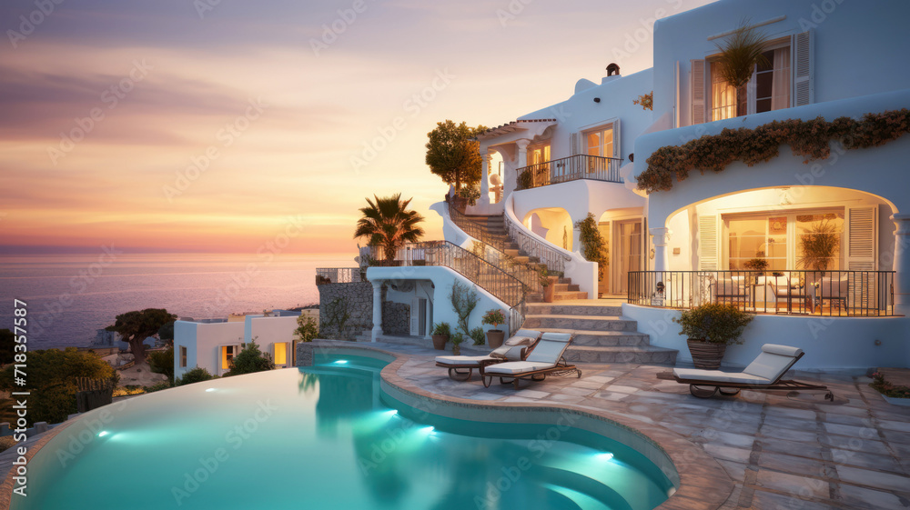 Luxury villa with infinity pool overlooking sea in evening in summer. Rich mansion with terrace, white house or resort hotel in Greek style. Concept of property, Greece and travel.