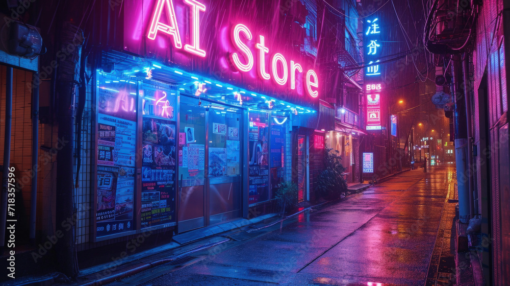 Neon sign of AI Store on dark wet deserted street in rain at night, gloomy city buildings with purple and blue light. Concept of dystopia, cyberpunk, shop, technology and future