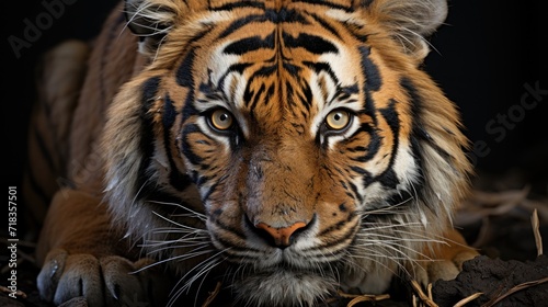  a close up of a tiger s face with black and orange stripes on it s face and a black background.