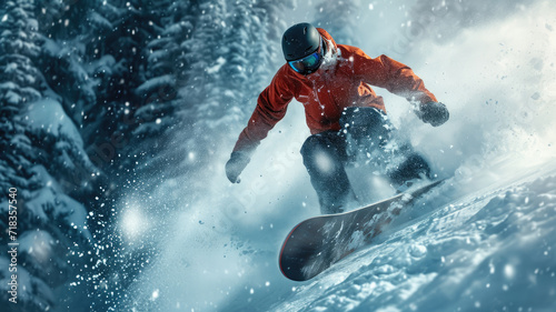 Snowboarder moves on ski slope spraying snow, man in red jacket rides snowboard with splash of powder in winter. Concept of sport, extreme, speed, downhill, resort and travel