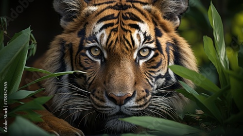 a close up of a tiger s face surrounded by plants and greenery in a dark room with a black background.