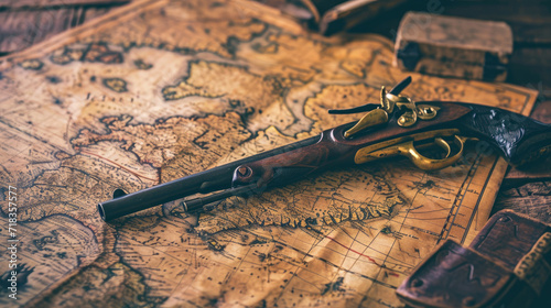 Vintage World map and old gun on wooden table, still life of pirate instruments. Background for journey theme. Concept of antique, history, retro, travel, treasure
