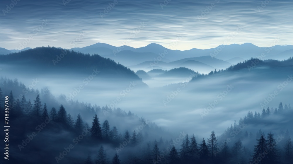  a foggy mountain landscape with pine trees in the foreground and a blue sky in the background with clouds in the foreground.