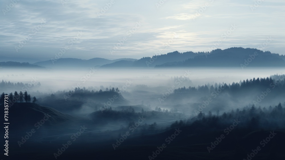  a black and white photo of a foggy valley with trees in the foreground and mountains in the background.