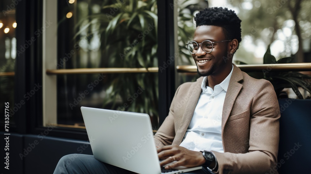 Smiling Young Businessman Working on Laptop at a Cozy Outdoor Café in the Afternoon Smiling Young Businessman Working on Laptop at a Cozy Outdoor Café in the Afternoon