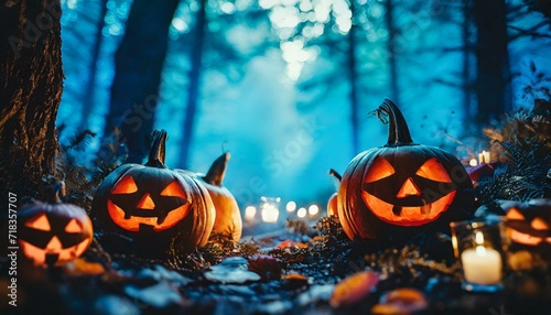 Halloween pumpkins in a spooky forest at night  photo