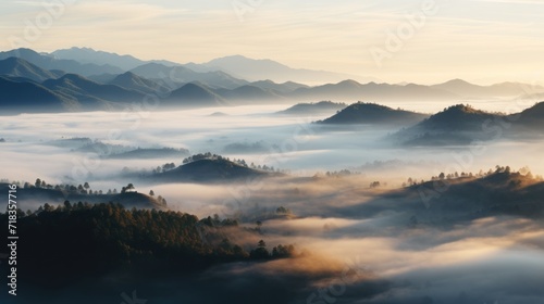 an aerial view of a mountain range with low lying clouds in the foreground and trees in the foreground. © Anna