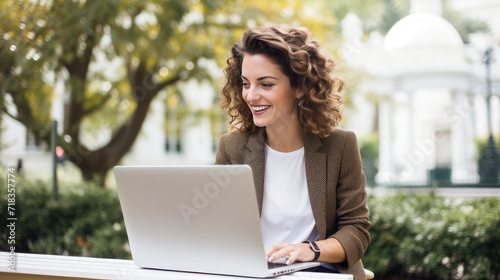 Radiant Young Woman Working on Laptop at Sunny Urban Park in Early Autumn