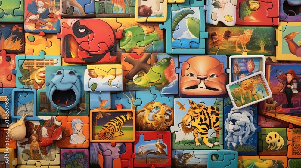  a close up of a bunch of puzzles with pictures of animals and birds on them and a picture of a cat.