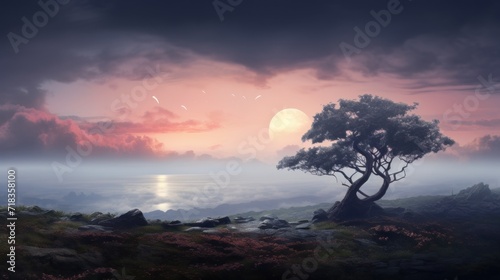  a painting of a tree on a hill overlooking a body of water under a cloudy sky with birds flying in the distance.