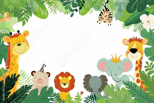 Minimalist small cute and fun baby jungle animals in the style of a childerns invitation, large amount of empty space in the middle, cute kids / nursery background.