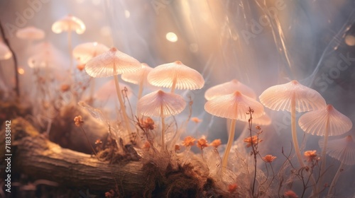  a group of mushrooms sitting on top of a lush green forest filled with leaves and flowers next to a fallen tree.