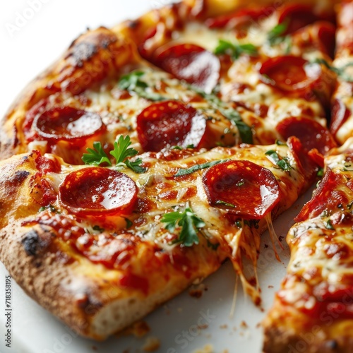 Pepperoni pizza isolated on white background with copy space. Pepperoni. Cheese Pull. Pepperoni Pizza on a Background with copyspace.