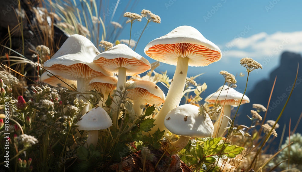Fototapeta premium Freshness of autumn, edible mushroom growth in uncultivated forest generated by AI