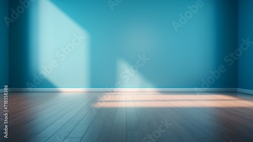A spacious room with a vibrant blue turquoise wall and sleek wooden flooring, sunlight streaming through the window creating a warm glare, perfect for presentation backgrounds