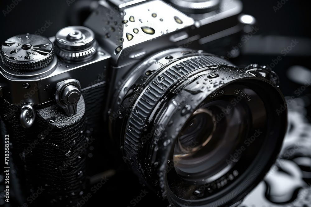 Retro camera on black background. Shallow depth of field. classic dslr camera with water drops. photographic equipment. vintage toned.