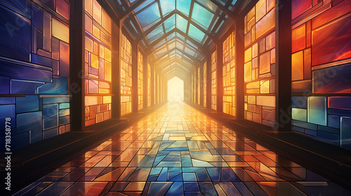 An abstraction illustration of a rectangular corridor-tunnel made of colored glass with a perspective stretching into the distance. Generative AI